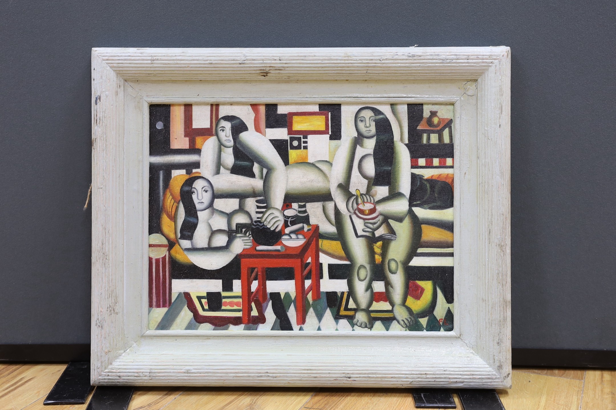 After Fernand Léger (1881-1955), oil on board, Three seated nudes, bears initials, 30 x 40cm.